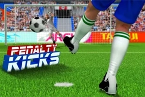 En fotbollsspelare i vit-gröna strumpor sparkar en fotboll mot målet med texten Penalty Kicks framför