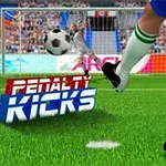 En fotbollsspelare i vit-gröna strumpor sparkar en fotboll mot målet med texten Penalty Kicks framför