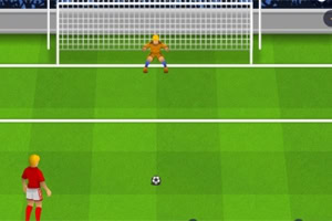 En tecknad fotbollsplan med en spelare i rött som står redo för en straffspark mot en målvakt i orange vid målet