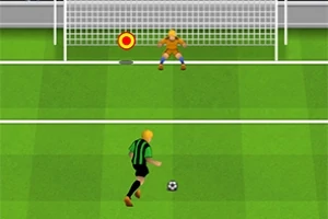 En fotbollsspelare i svart och grön dräkt förbereder sig för att skjuta en straffspark mot en målvakt framför målet på en gräsplan