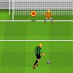 En fotbollsspelare i svart och grön dräkt förbereder sig för att skjuta en straffspark mot en målvakt framför målet på en gräsplan