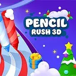 En tecknad bild med tre stora färgglada pennor, en glad snögubbe med en morotsnäsa och texten Pencil Rush 3D mot en vinterbakgrund med snö och stjärnor