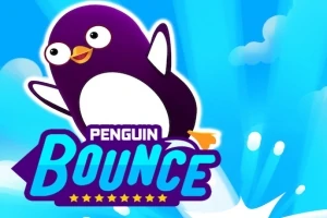 Tecknad pingvin som hoppar med texten Penguin Bounce mot en blå himmel med moln
