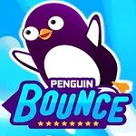 Tecknad pingvin som hoppar med texten Penguin Bounce mot en blå himmel med moln