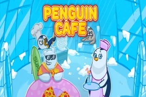 Tecknade pingviner och en isbjörn i ett iscafé, med texten Penguin Cafe i lysande bokstäver
