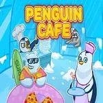 Tecknade pingviner och en isbjörn i ett iscafé, med texten Penguin Cafe i lysande bokstäver