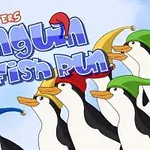 Flera tecknade pingviner med färgglada hattar är avbildade under texten 1-4 players Penguin Fish Run på en ljus bakgrund