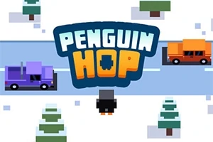 En pingvin står på en väg omgiven av snö, bilar och träd med texten Penguin Hop ovanför