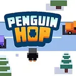 En pingvin står på en väg omgiven av snö, bilar och träd med texten Penguin Hop ovanför
