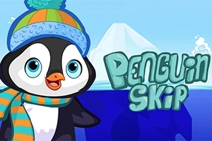 En tecknad pingvin med blå mössa och halsduk står framför ett isberg, med texten Penguin Skip bredvid