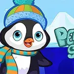 En tecknad pingvin med blå mössa och halsduk står framför ett isberg, med texten Penguin Skip bredvid