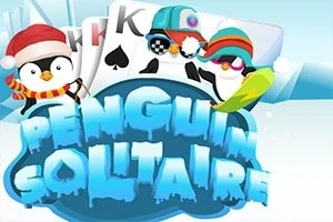 Pingviner med vintertillbehör framför spelkort och texten Penguin Solitaire i isliknande bokstäver