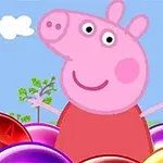 Tecknad rosa gris i röd klänning omgiven av färgglada bubblor med blå himmel, sol och moln i bakgrunden