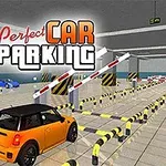 Orange bil parkerar i ett garage med bommar och andra bilar i bakgrunden