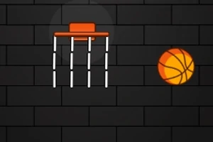 En tecknad orange basketkorg och basketboll mot en svart tegelvägg