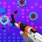 En futuristisk scen med ett gevär som siktar på färgglada geometriska former mot en lila bakgrund med pixelmönster
