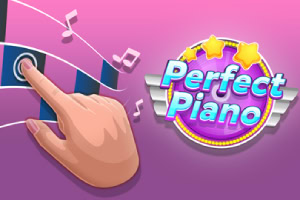 Färgglad design med Perfect Piano-logotyp, hjärtsymbol och en pekande hand på rosa bakgrund