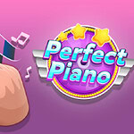 Färgglad design med Perfect Piano-logotyp, hjärtsymbol och en pekande hand på rosa bakgrund