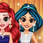 Två animerade figurer med stora ögon och glänsande örhängen står framför en gyllene bakgrund