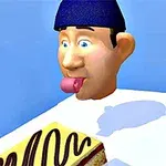 En tecknad figur med blå mössa sträcker ut tungan mot en tårta med chokladglasyr på ett bord