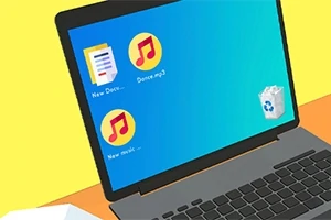 En tecknad bild av en bärbar dator med en blå skärm med tre ikoner: ett dokument, en musiknot och en papperskorg, mot en gul bakgrund