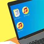 En tecknad bild av en bärbar dator med en blå skärm med tre ikoner: ett dokument, en musiknot och en papperskorg, mot en gul bakgrund