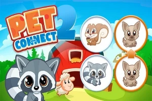 Tecknad tvättbjörn och får framför en ladugård, med två runda bilder av djur och texten Pet Connect 2 mot en blå bakgrund
