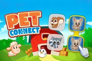 Tecknad gårdsmiljö med djurikoner, en röd lada och texten Pet Connect överst