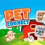 Tecknad gårdsmiljö med djurikoner, en röd lada och texten Pet Connect överst