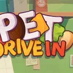 Logotyp med texten PET DRIVE IN och bilder av mat som kött, ost, grönsaker och en bönkärna i bakgrunden