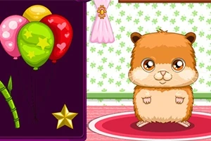 En söt hamster står på en rosa matta i ett rum med gröna blommiga tapeter, bredvid ballonger och en guldstjärna