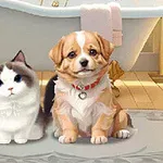 En söt katt och hund sitter tillsammans på en matta i ett badrum
