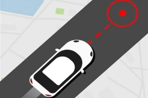 Vit bil på en vägkarta med röd målsymbol framför bilen