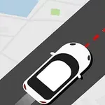 Vit bil på en vägkarta med röd målsymbol framför bilen
