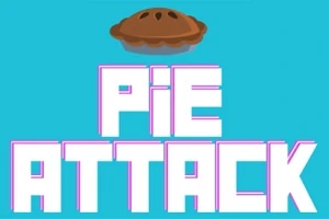 Blå bakgrund med en tecknad paj ovanför texten PIE ATTACK i stora bokstäver