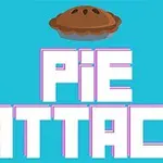 Blå bakgrund med en tecknad paj ovanför texten PIE ATTACK i stora bokstäver