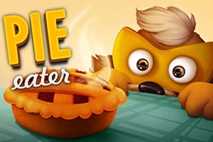 En tecknad figur med stora ögon tittar på en rykande paj på ett bord med texten Pie eater