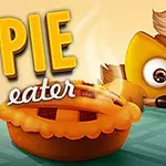 En tecknad figur med stora ögon tittar på en rykande paj på ett bord med texten Pie eater