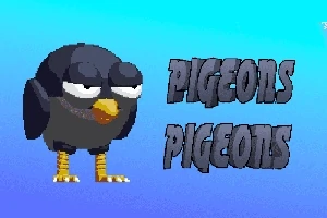 Tecknad svart fågel med halvslutna ögon och gul näbb på en blå bakgrund, med texten PIGEONS bredvid