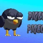 Tecknad svart fågel med halvslutna ögon och gul näbb på en blå bakgrund, med texten PIGEONS bredvid