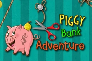 Tecknad rosa spargris med ett dollartryck, omgiven av saxar och rep, samt texten Piggy Bank Adventure i färgglad stil