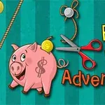 Tecknad rosa spargris med ett dollartryck, omgiven av saxar och rep, samt texten Piggy Bank Adventure i färgglad stil