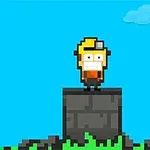 En pixlad figur med gult hår och pannlampa står på ett stenblock mot en blå himmel med moln