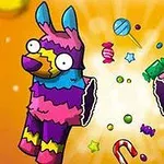 Färgglad piñata i form av en llama som spricker och släpper ut godis mot en orange bakgrund