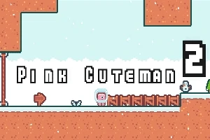Pixelkonst med en rosa karaktär i en snöig landskap med texten Pink Cuteman 2