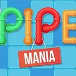 Färgglada rör som bildar ordet PIPE med en skylt som säger MANIA mot en blå bakgrund med fyrkantiga plattor