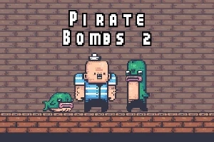 En pixelkonstbild med en sjöman och två gröna figurer framför en tegelbakgrund och texten Pirate Bombs 2