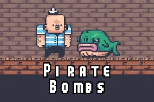 Pixelgrafik med en tecknad sjöman och en grön fisk på en tegelbakgrund, med texten Pirate Bombs under dem
