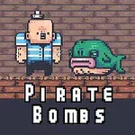 Pixelgrafik med en tecknad sjöman och en grön fisk på en tegelbakgrund, med texten Pirate Bombs under dem