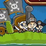 Tecknade pirater står på en grön ö framför ett piratskepp med dödskalleflaggor